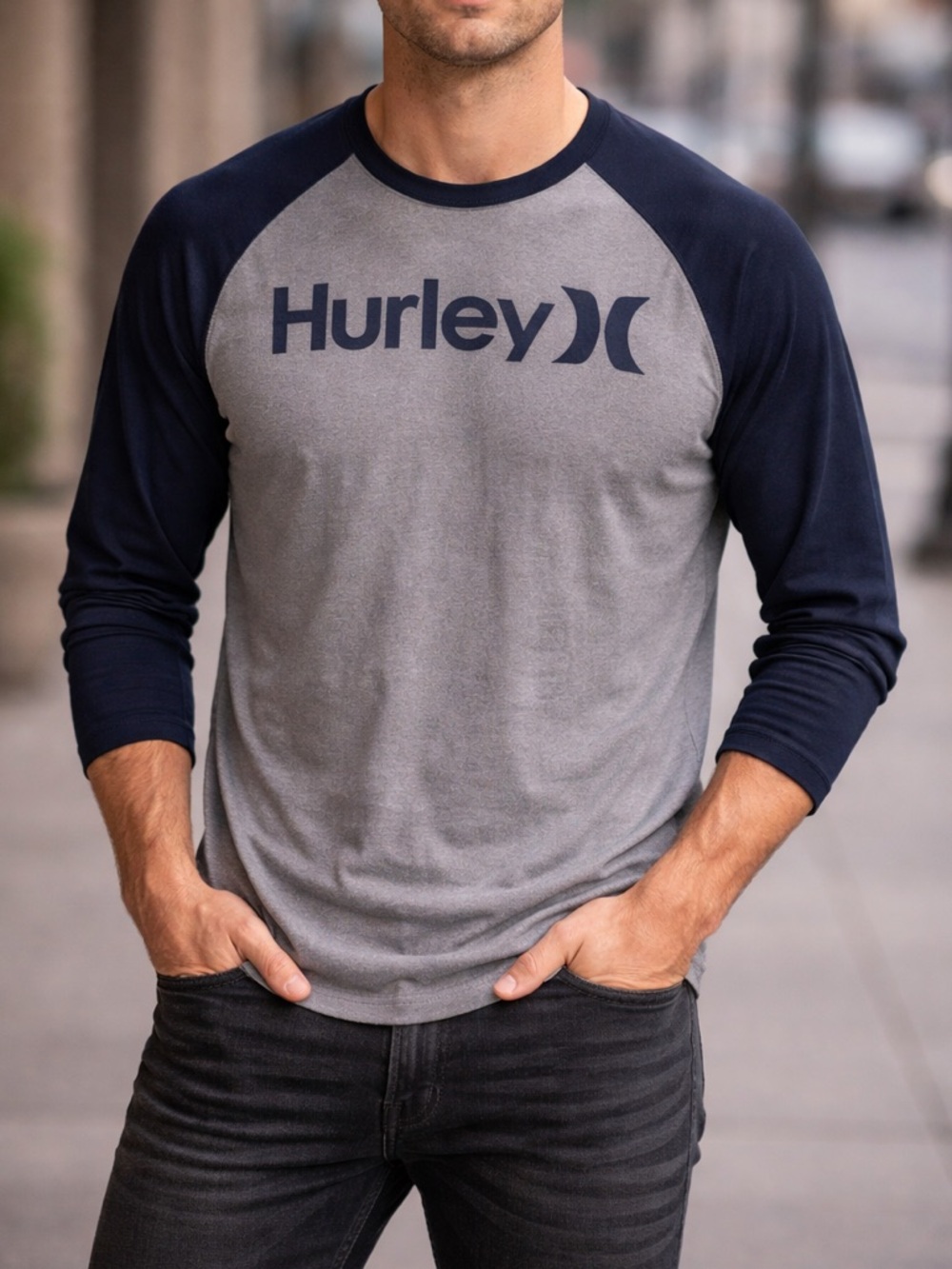 Hurley Raglan Long Sleeve T-Shirt | Gray & Navy Logo Tee | Men’s Small